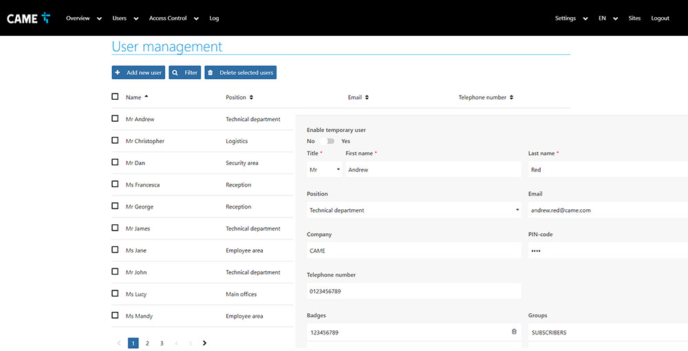 Came ACS01 USERS MANAGEMENT